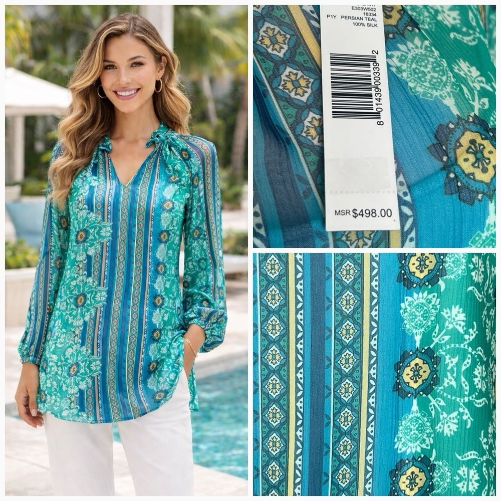 Elie Tahari Silk Tunic Blouse Womens M Teal Blue Print V Neck NWT $498
